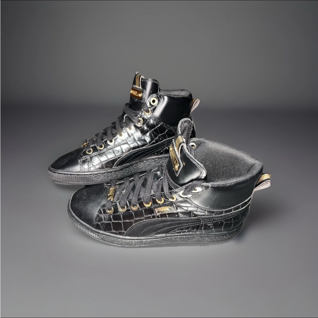 Rare Puma Woman’s Basket Black Gold Mid Exotic Croc Texture Sneakers Size 7